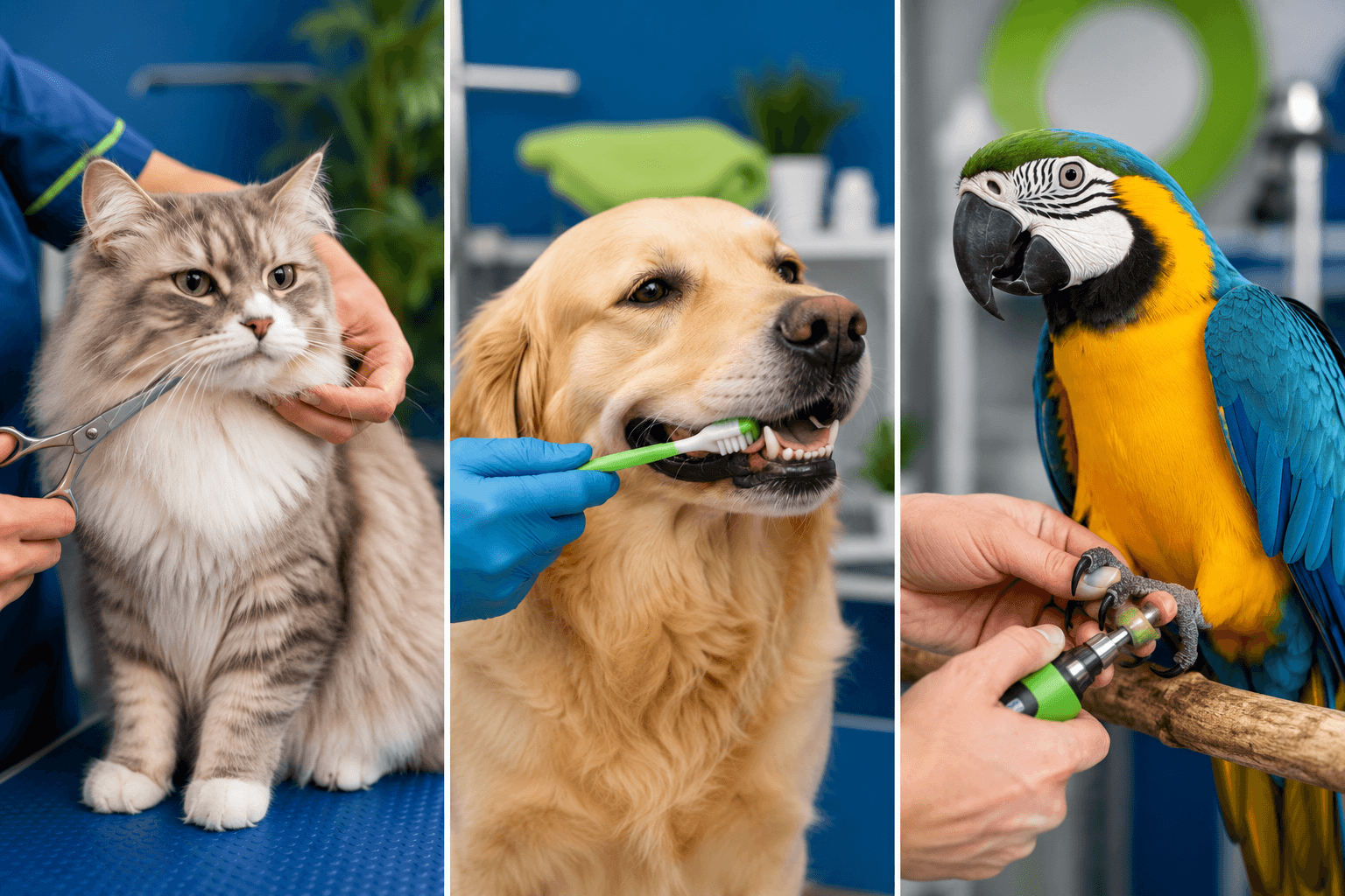 Cat grooming, dog dental care, and parrot grooming at a pet grooming
