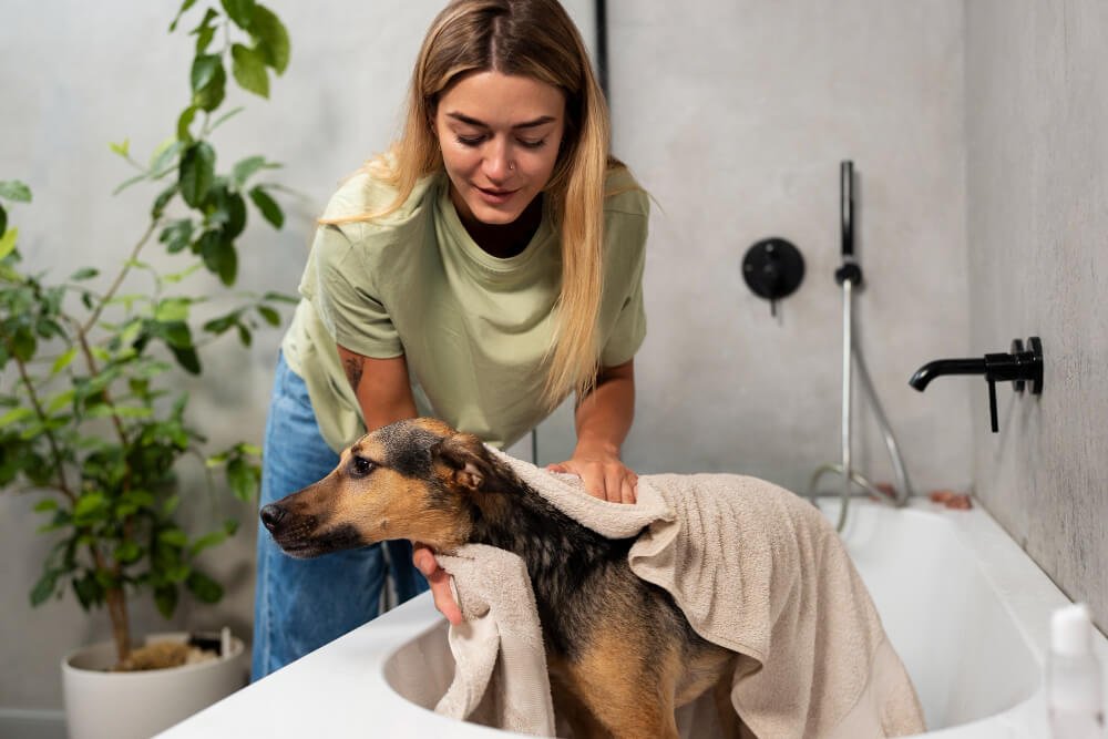 Dog receiving a gentle bath and grooming care at home